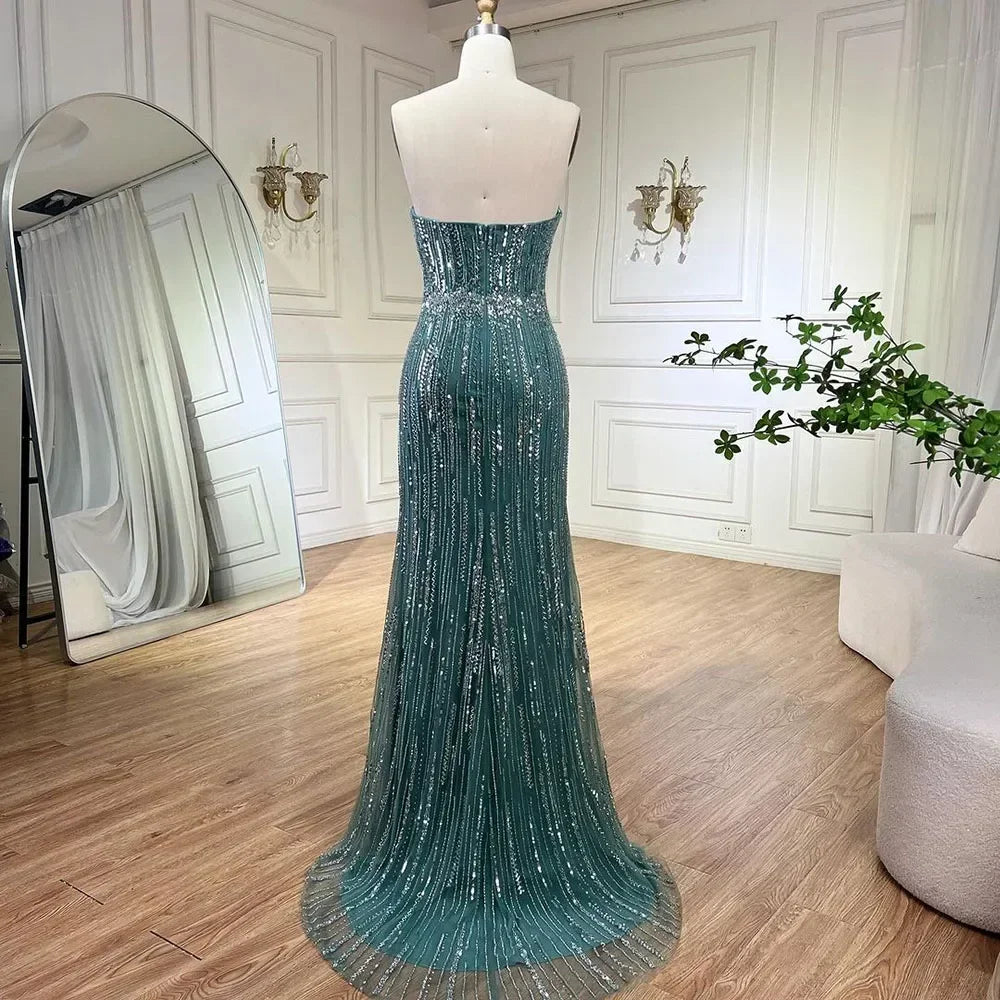 Zapdress Turquoise Strapless Mermaid Beaded Evening Party Dresses Gowns with Gloves Customized (ZD17249)