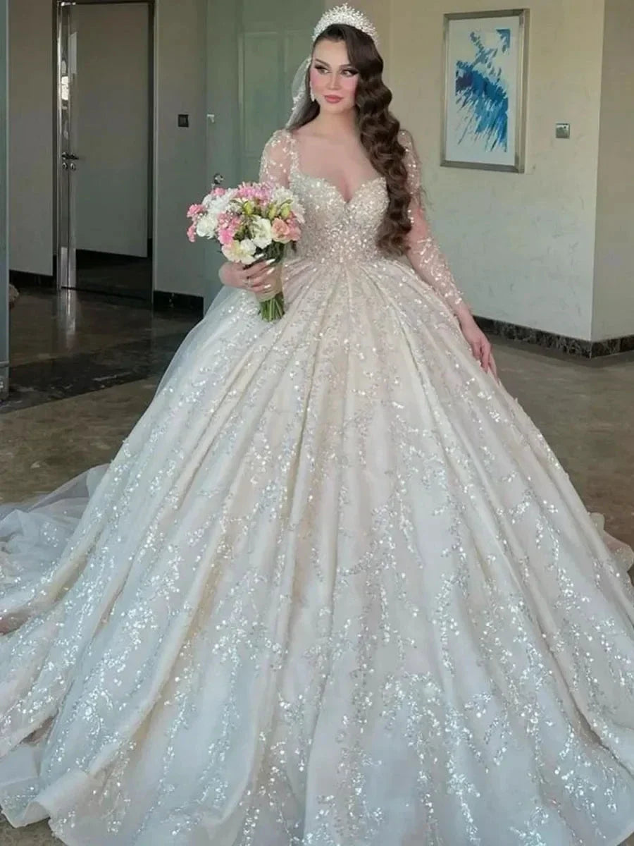 Haute Couture Romantic white The Bride Dress With Long Sleeve Lace Beading Sequin V-Neck Floor-Length Bespoke Wedding Dress (ZD14213)