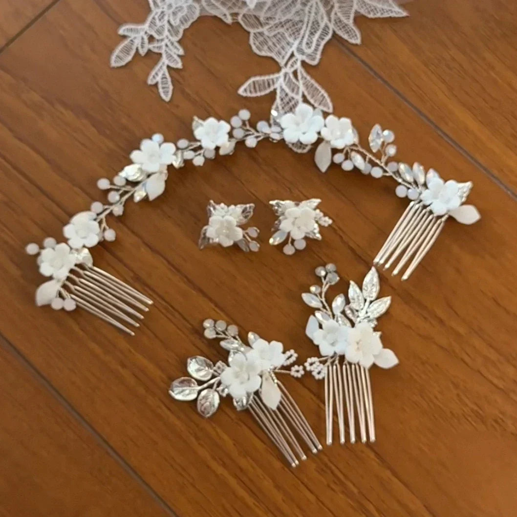 Porcelain Flower Hair Comb Pin Clip Leaf Head Piece For Brides Bridesmaids Crystal Hairpins Wedding Accessories Bridal Jewelry
