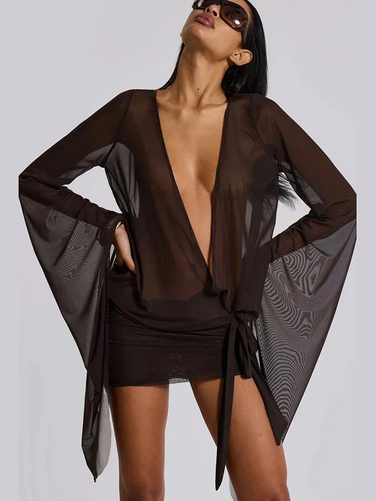 Mesh Irregular Bandage Low Neck Mini Dress - View 5 | VelvetHem