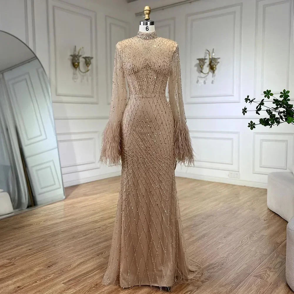 Zapdress Nude High Neck Long Sleeves Feathers Mermaid Beaded Evening Dress Party Gowns for Women DLA72394 Customized (ZD17242)