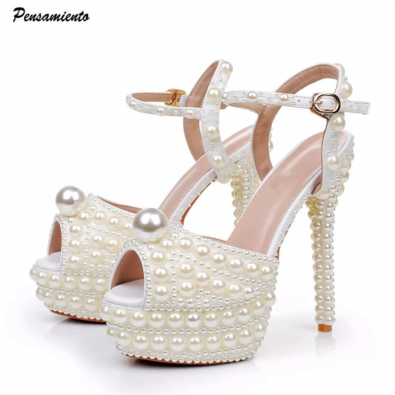 Luxury Full Pearls Beaded Peep toe Women Gladiator Sandals Fashion Summer Platform Wedges 14cm High heels Wedding Party Shoes - FashionDia