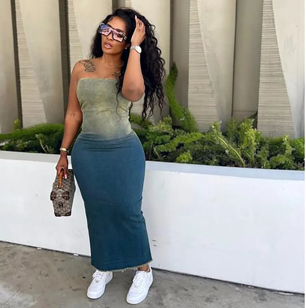 Gradient Denim Corset Slit Midi Dress - View 3 | VelvetHem
