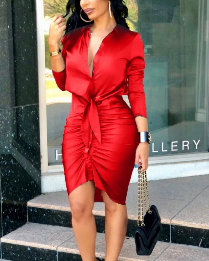 Deep V Neck Long Sleeve Bodycon Work Dress - VelvetHem