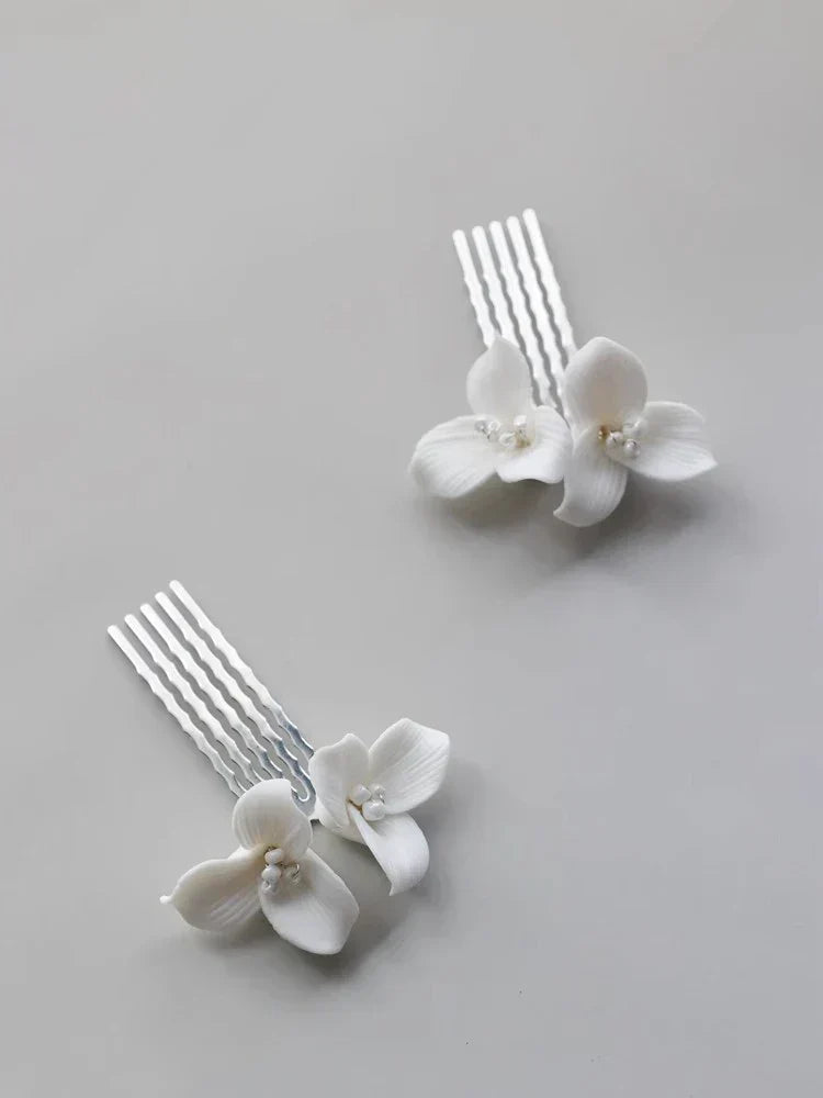 Bridal Jewelry Porcelain Flower Hair Comb Clip Pin Women Girl Head Piece For Bride Bridesmaids Hairpin Wedding Accessories 2pc silver color