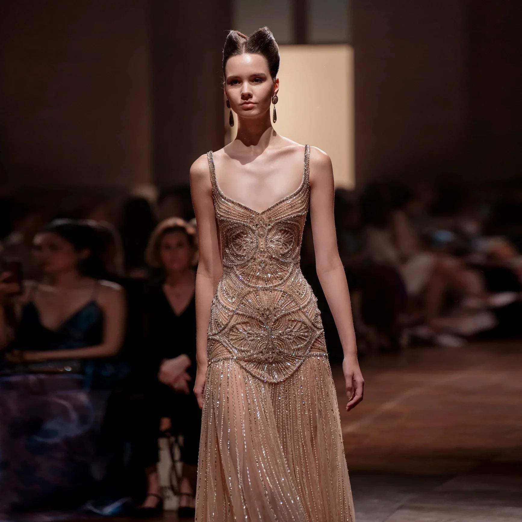 Champagne Beaded Mermaid Evening Dress Luxury Saudi Wedding Gown Customized (ZD17070)