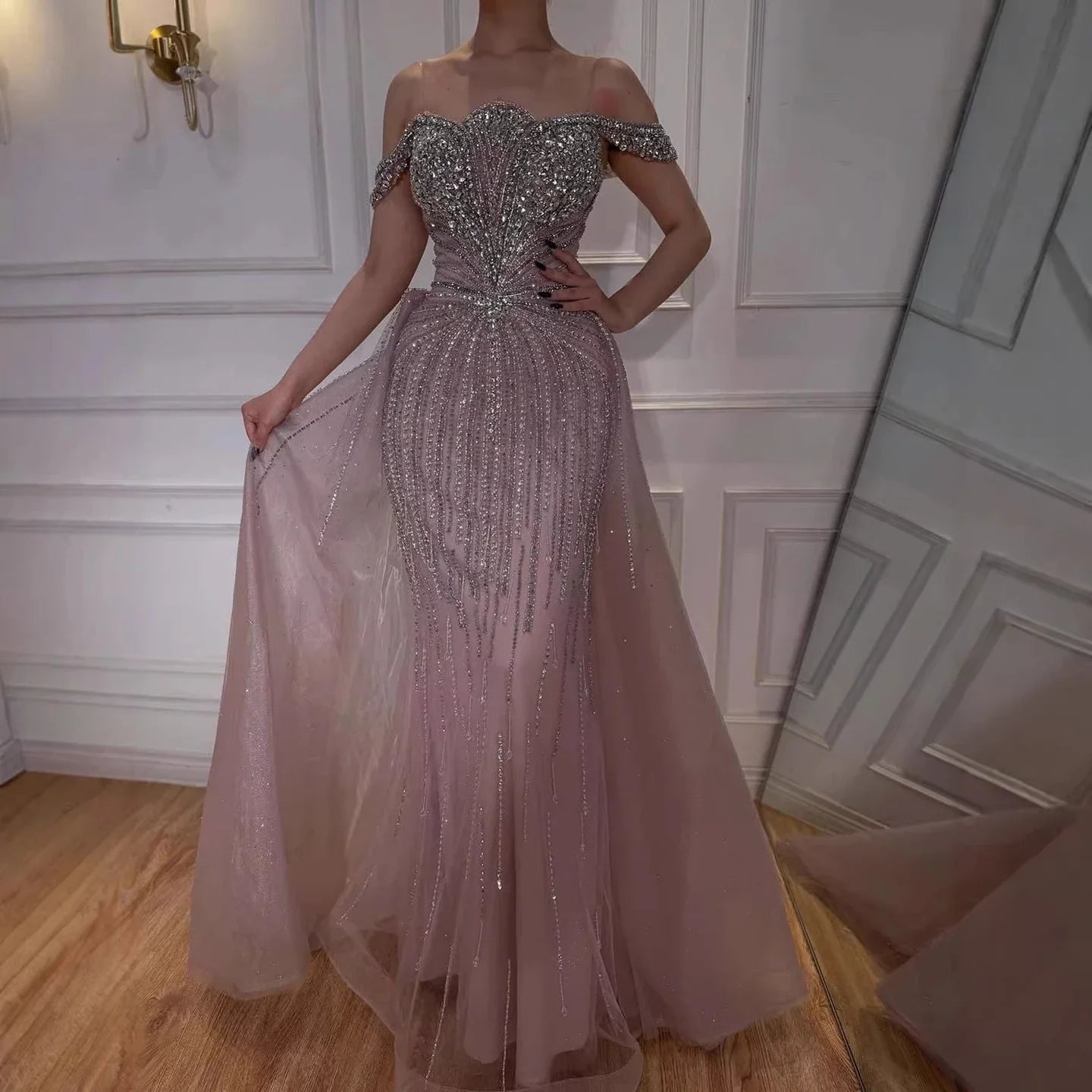 Zapdress Green Mermaid Beaded Evening Party Gown 2026 Elegant Off-Shoulder Runway Dress with Overskirt Customized (ZD17288)
