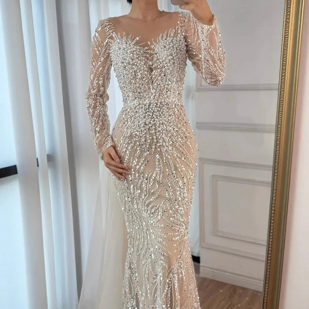 Zapdress White Nude Long Sleeves Mermaid Pearls Beaded Evening Dress with Train Wedding Party Gowns DLA72634A Customized (ZD17262)