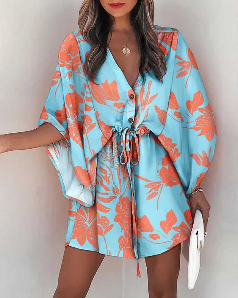 Casual Flora Print Batwing Sleeve LaceUp Dress
