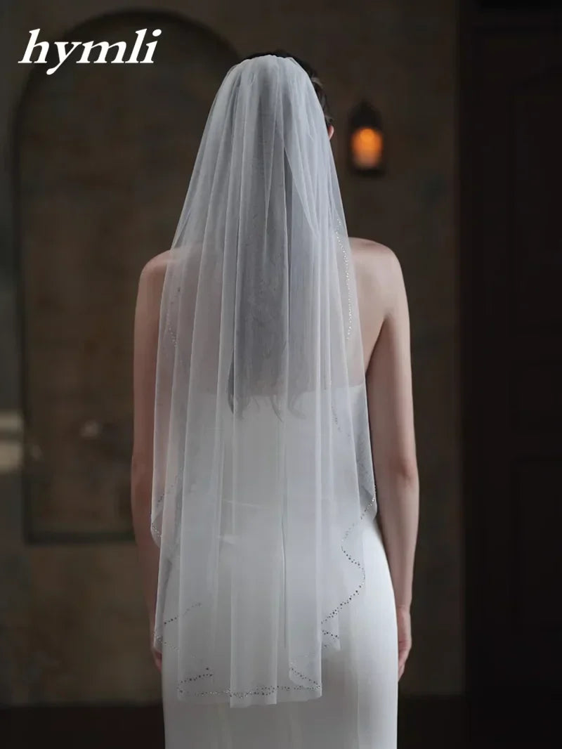 New Style 1 Tier Fingertip length Wedding Veil Tulle Crystal Bridal Veil Cut Edge