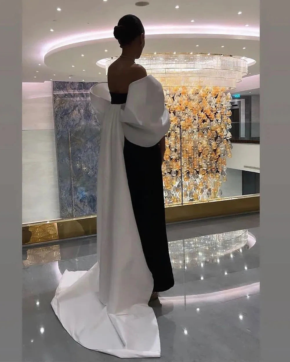 Black And White Satin Formal Evening Dress With Cap Sleeves Arabic A Line Prom Gowns Women Occasion Dress