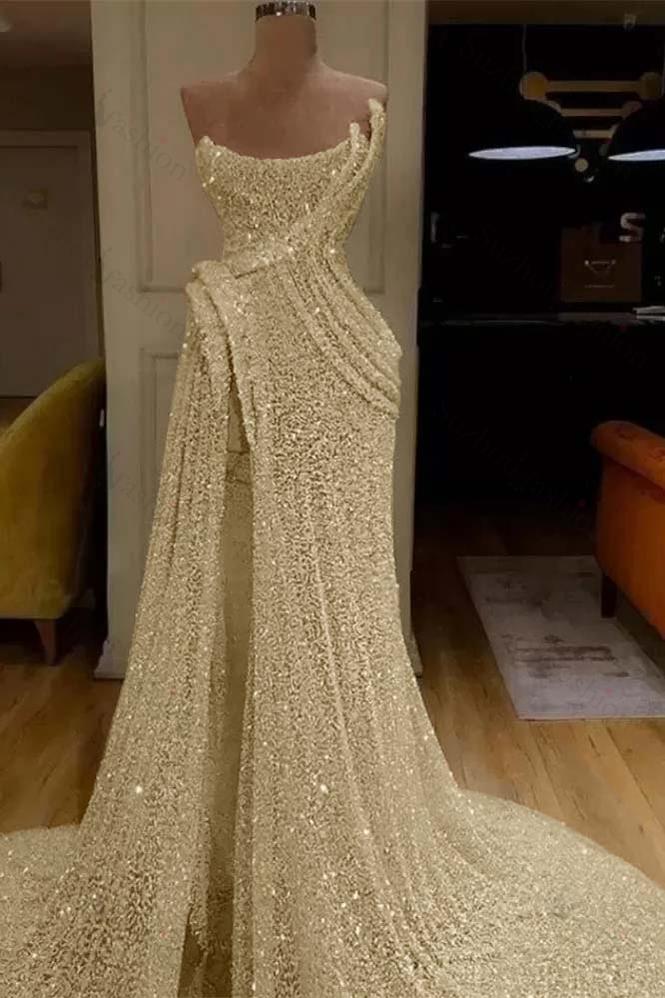 Sequin Strapless Sleeveless Long Mermaid Evening Formal Dress With Split
