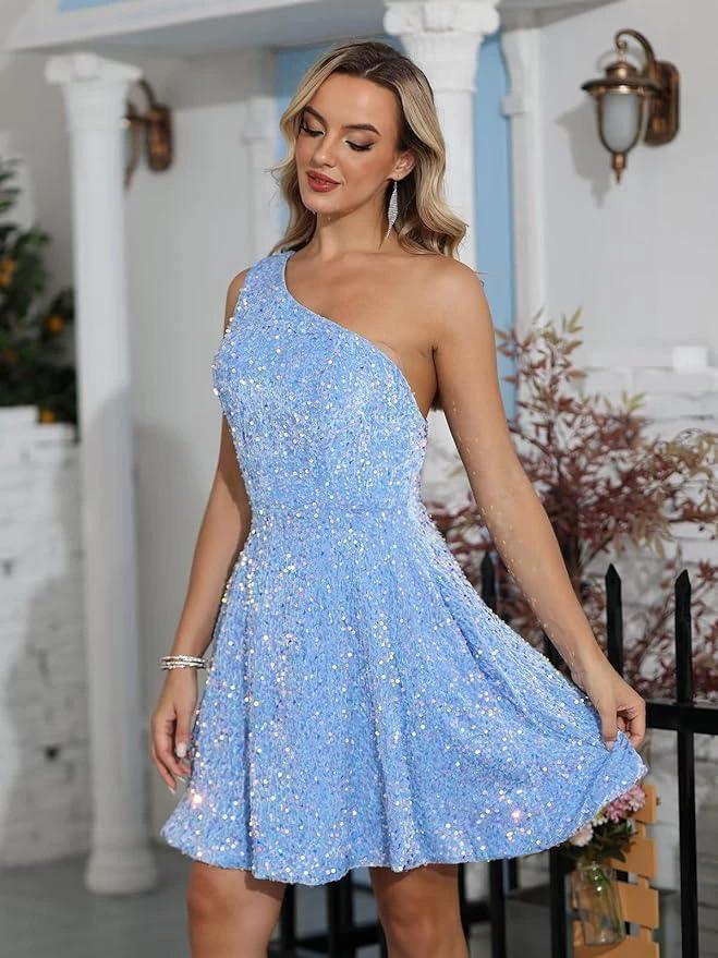 One Shoulder Sequin Homecoming Dress SYH98 by vivymakudress