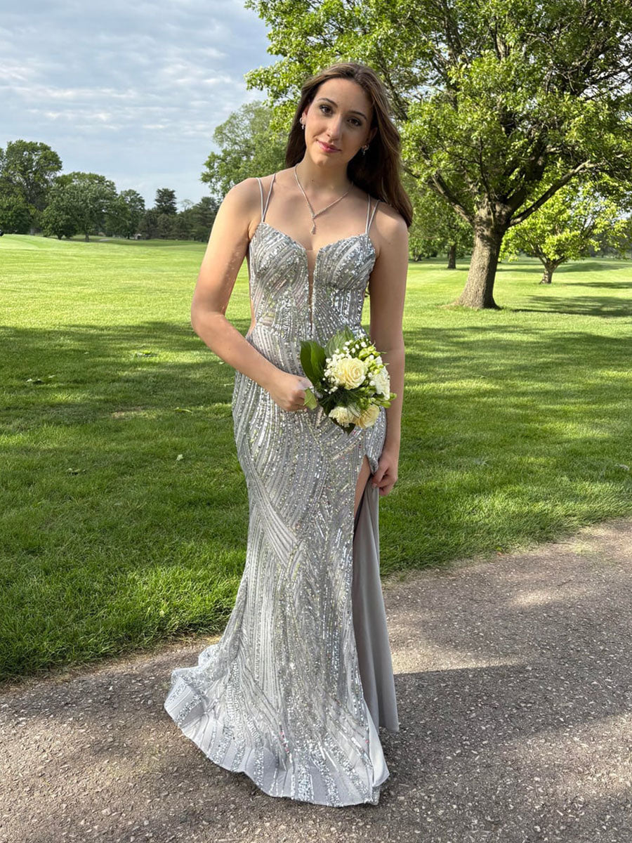 Sequin Pattern Plunging V-Neck Prom Dress with Slit - FashionDia