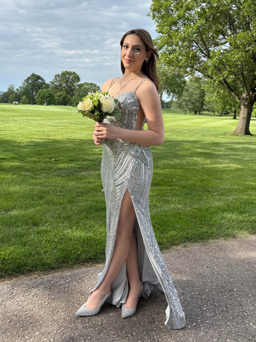 Sequin Pattern Plunging V-Neck Prom Dress with Slit - View 3 | FashionDia