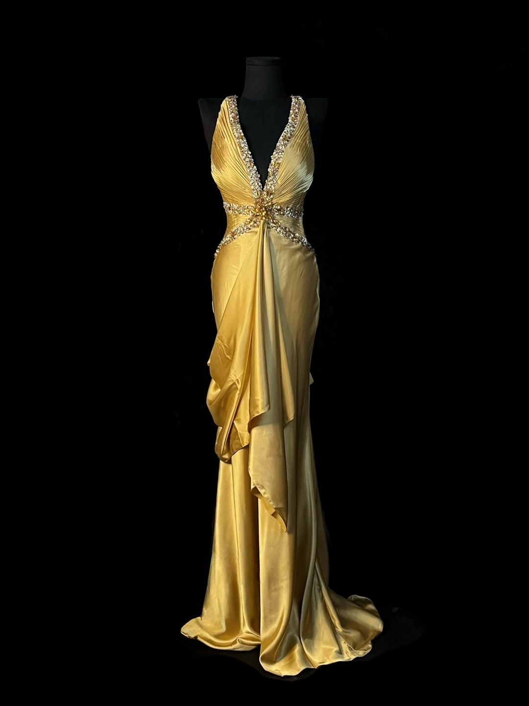 Sequin V Neck Retro Prom Dress Formal Satin Evening Dress J10135
