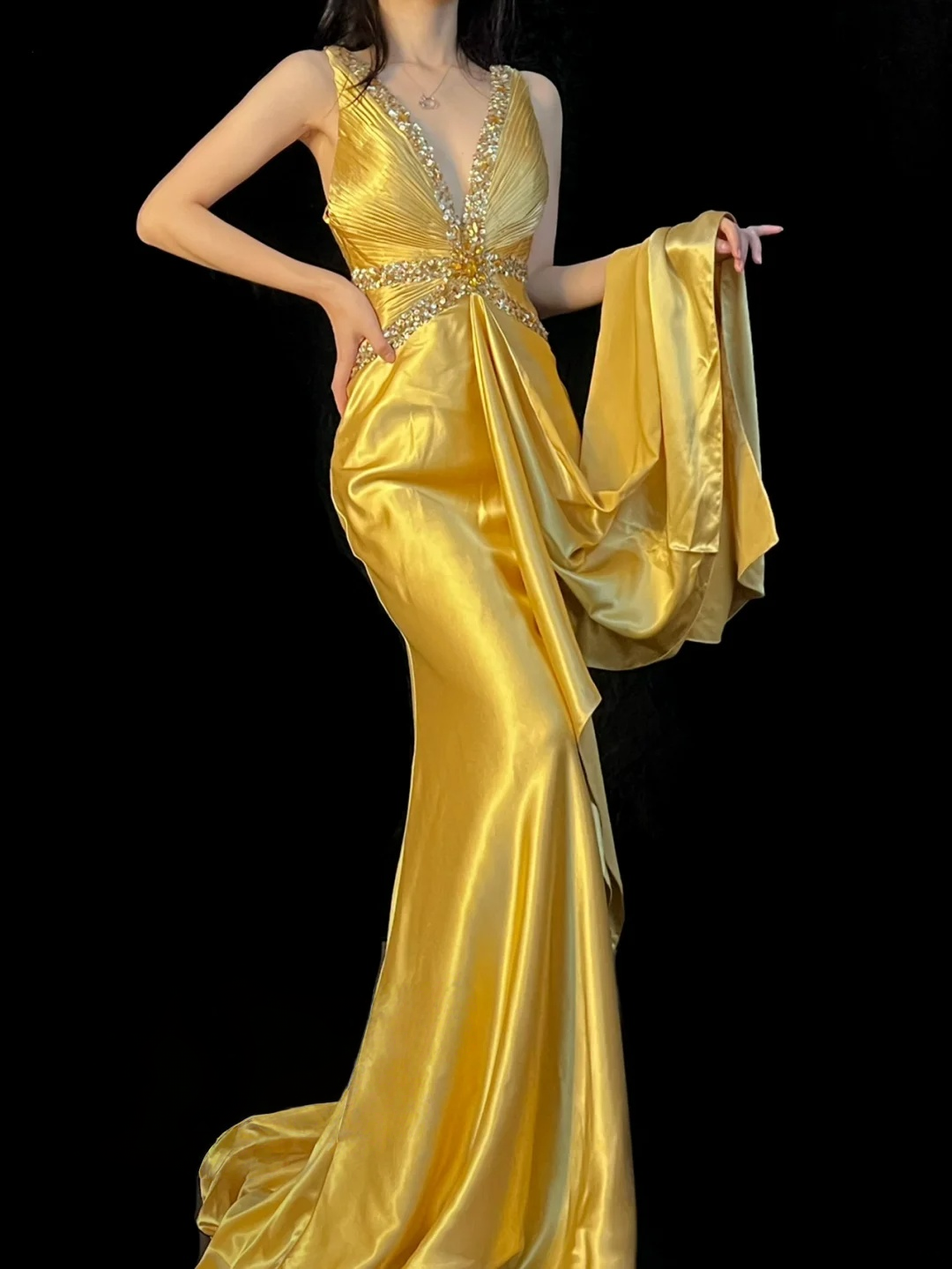 Sequin V Neck Retro Prom Dress Formal Satin Evening Dress J10135