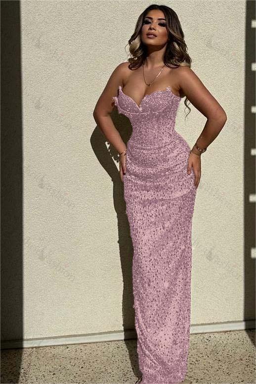 Sequined Strapless Sleeveless High Waist Long Evening Formal Dress With Beadings