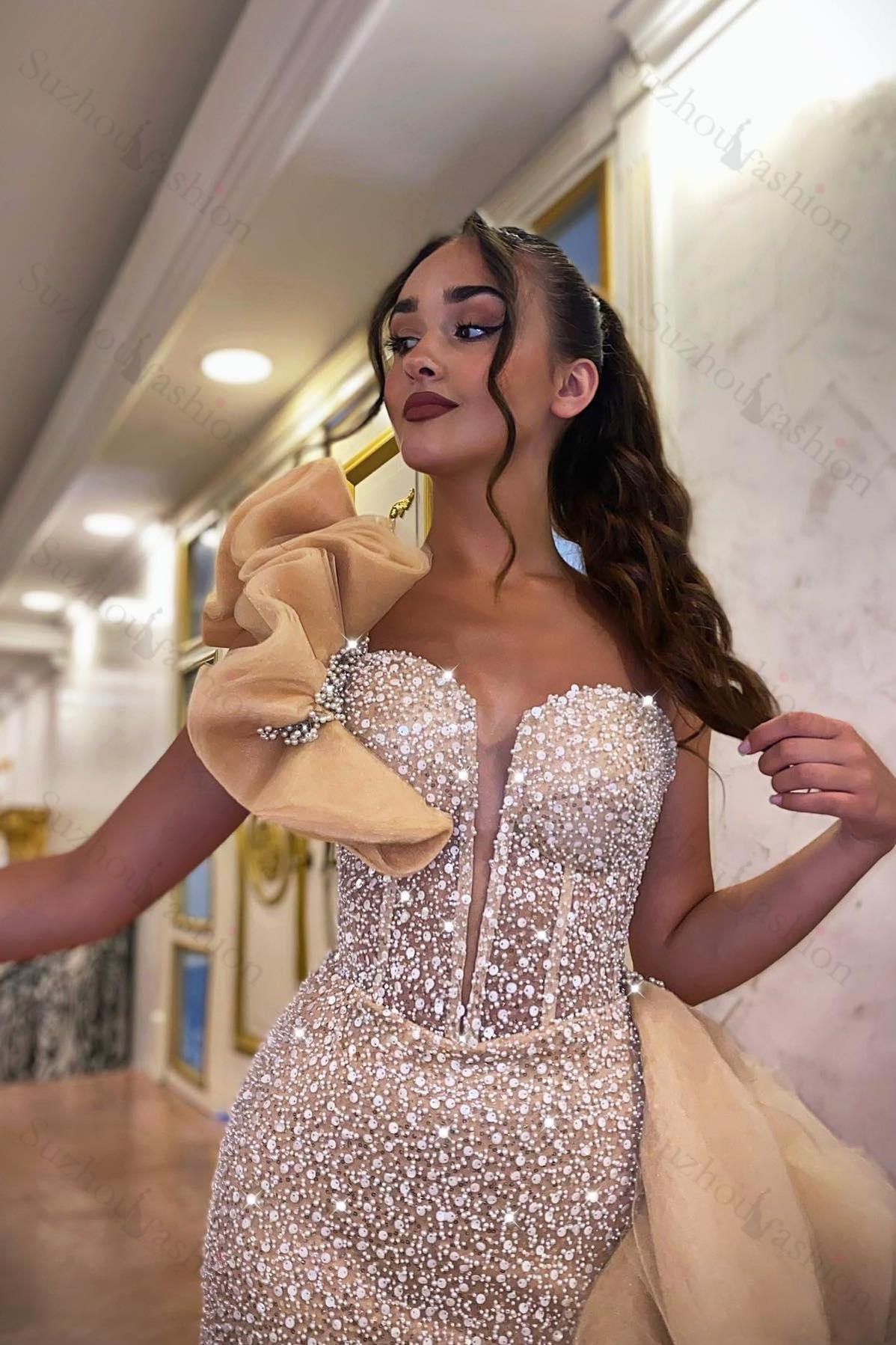 Sequined Sweetheart One Shoulder Sleeveless Evening Formal Dress With Ruffled