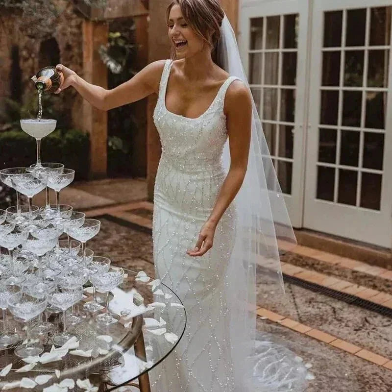 Sequins Mermaid Wedding Dresses 2023 Women's Modern Square Neck Sleeveless Bridal Gowns Satin Tulle Vesidos De Novia Robe De (ZD14177)