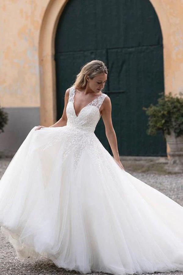 Sequins Lace V-neck Neckline Chapel Train A-line Wedding Dresses (ZD16235) - VelvetHem