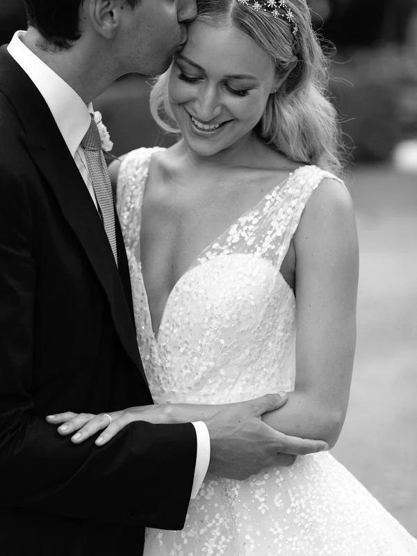 Sequins Lace V-neck Neckline Chapel Train A-line Wedding Dresses (ZD16235)