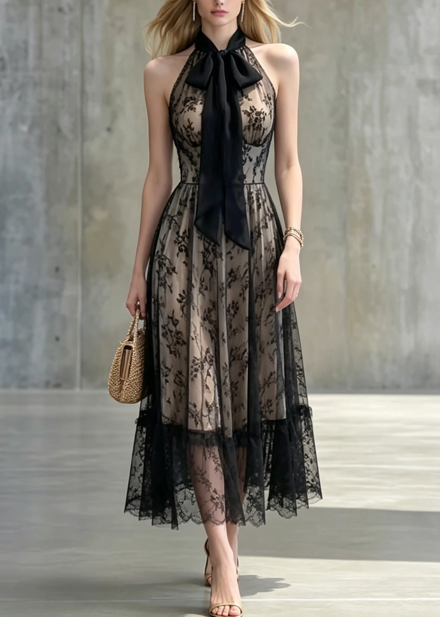Sexy Black Bow Patchwork Lace Long Dresses Sleeveless