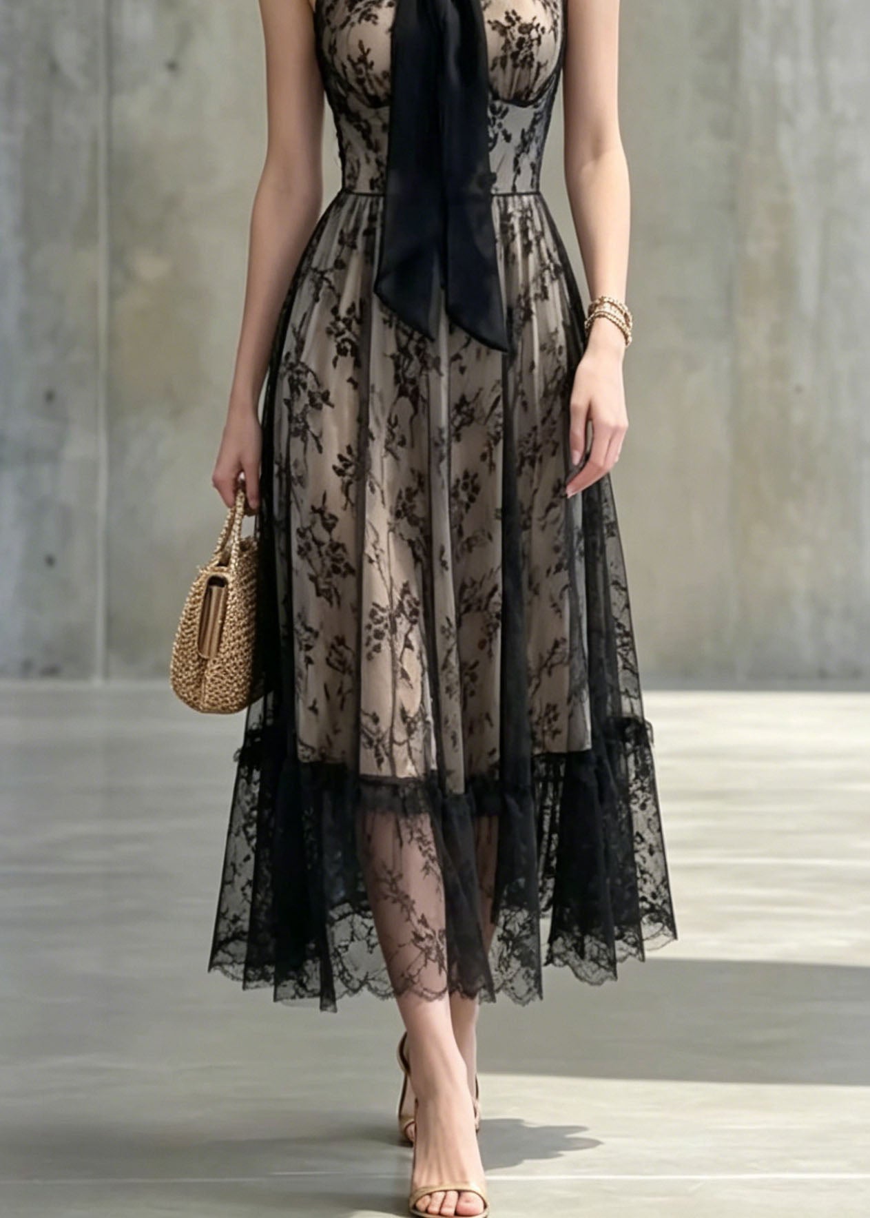 Sexy Black Bow Patchwork Lace Long Dresses Sleeveless