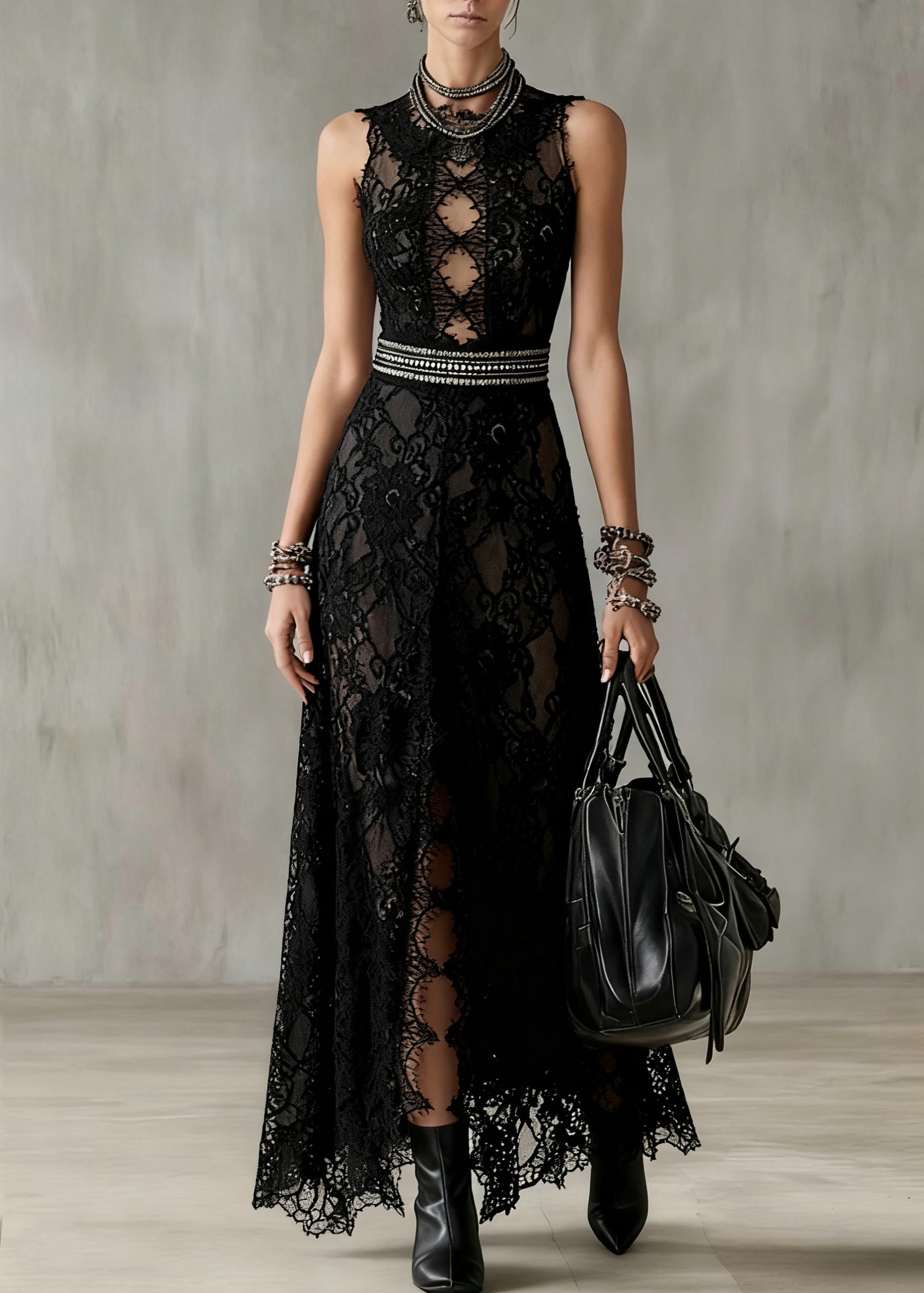 Sexy Black Hollow Out Side Open Lace Long Dresses Sleeveless