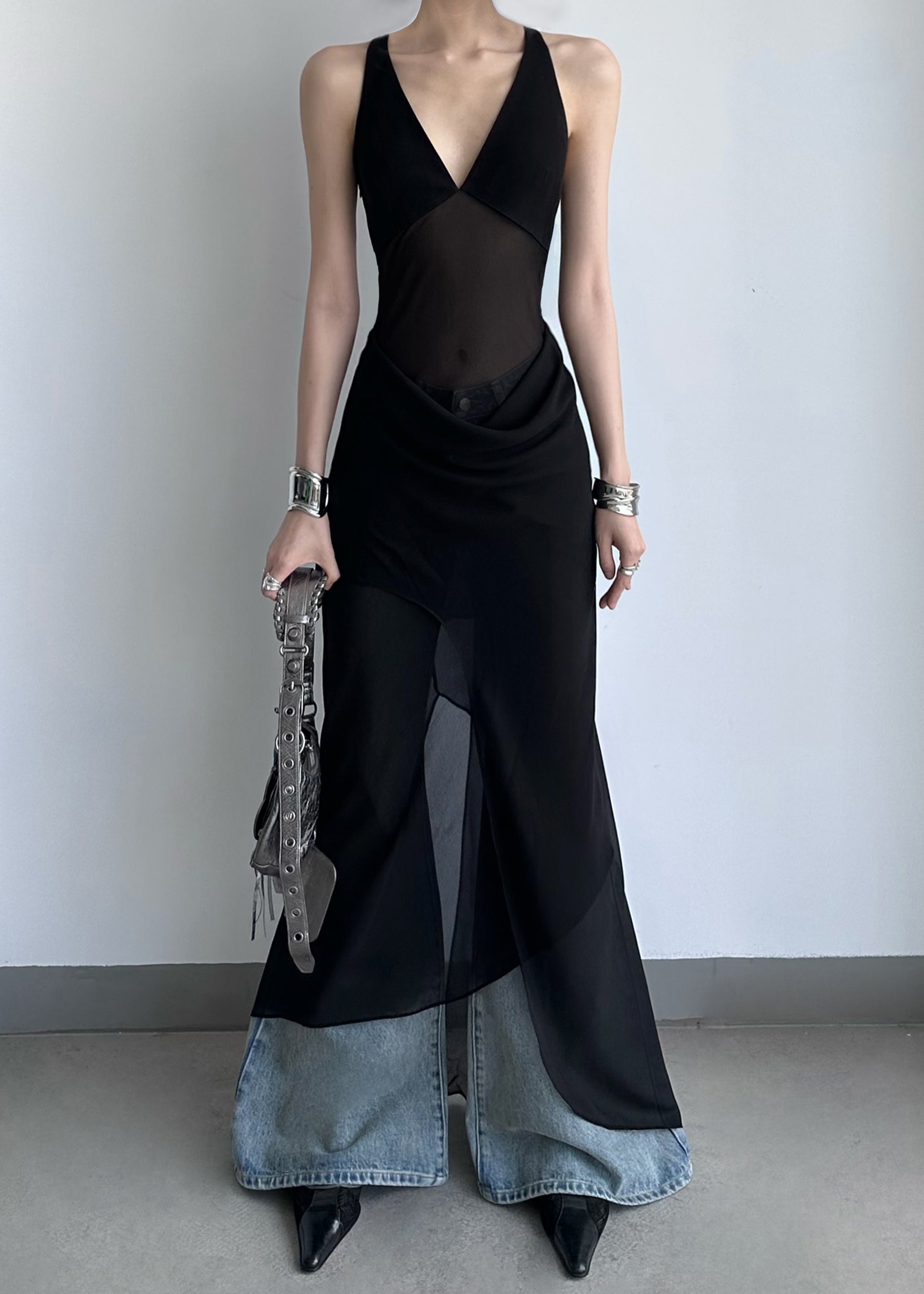 Sexy Black V Neck Backless Patchwork Chiffon Dress Summer