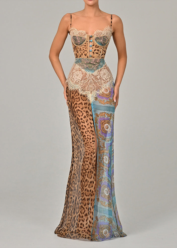 Sexy Blue Leopard Lace Patchwork Chiffon Spaghetti Strap Dress Sleeveless