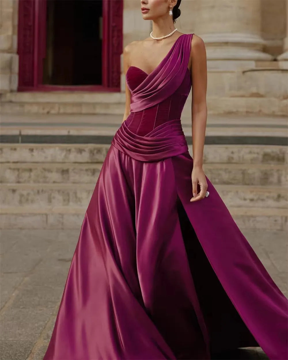 Elegan Fushia Prom Dresses A-Line One Shoulder Pleated High Side Slit Floor Length Party Gowns vestidos de graduación