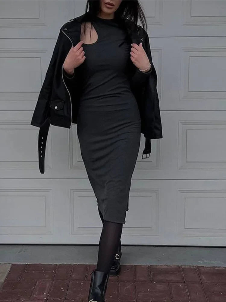 Cut Out Elegant Oneck Long Solid Casual Midi Dresses