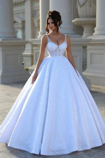 Sexy Floor-Length Straps Sleeveless V-Neck Beadings Ball Gown Wedding Dresses with Lace (ZD15757)