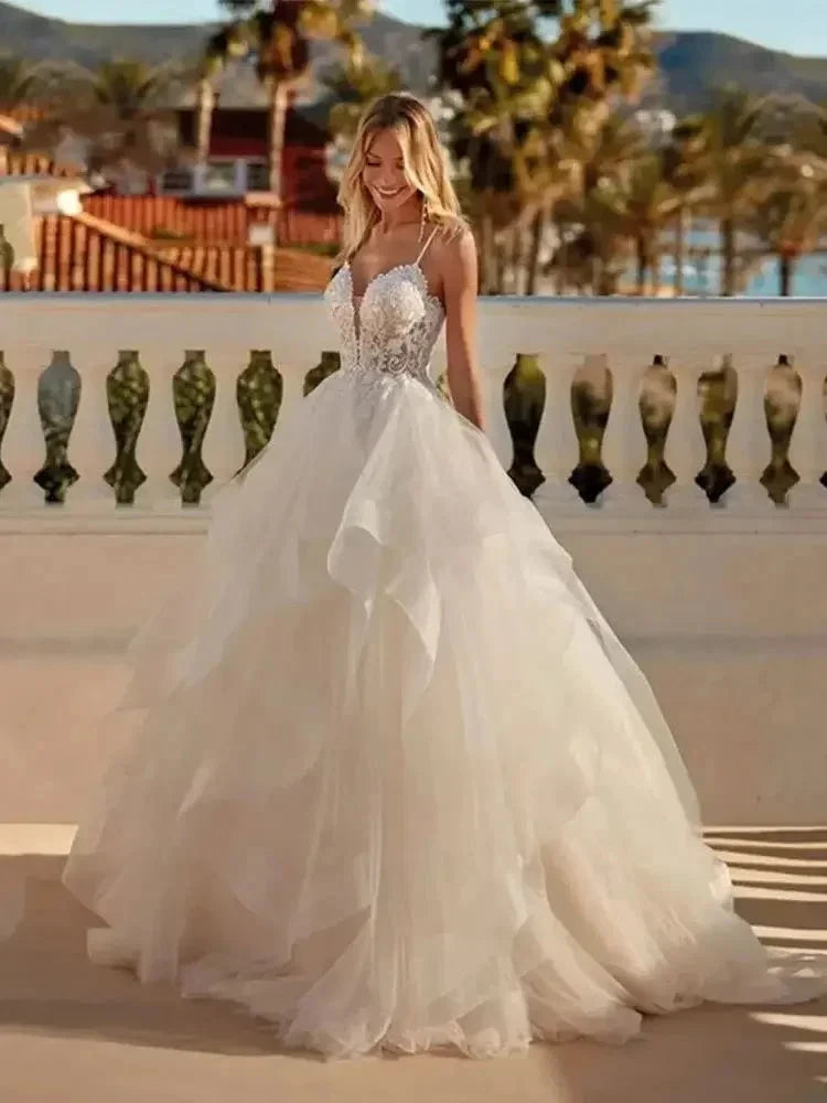 Sexy Lace Appliques V Neck Wedding Dresses Exquisite Tiered A Line Tulle Ball Gowns For Woman Formal Bride Beach Party Vestidos (ZD14266) - View 2 | VelvetHem