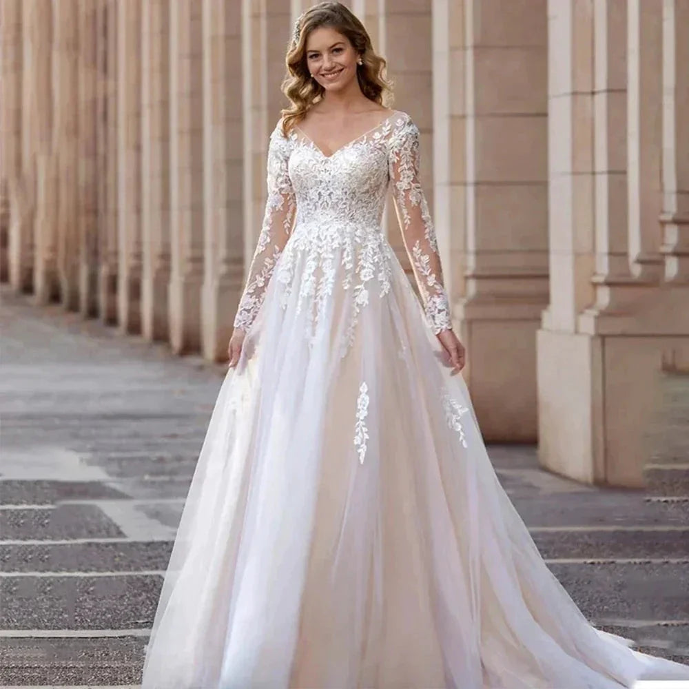 Sexy Lace Simple Elegant Mopping Wedding Dresses V-neck Long Sleeves Plain White Pretty Fascinating Bridal Gowns Backless 2023 by payinti