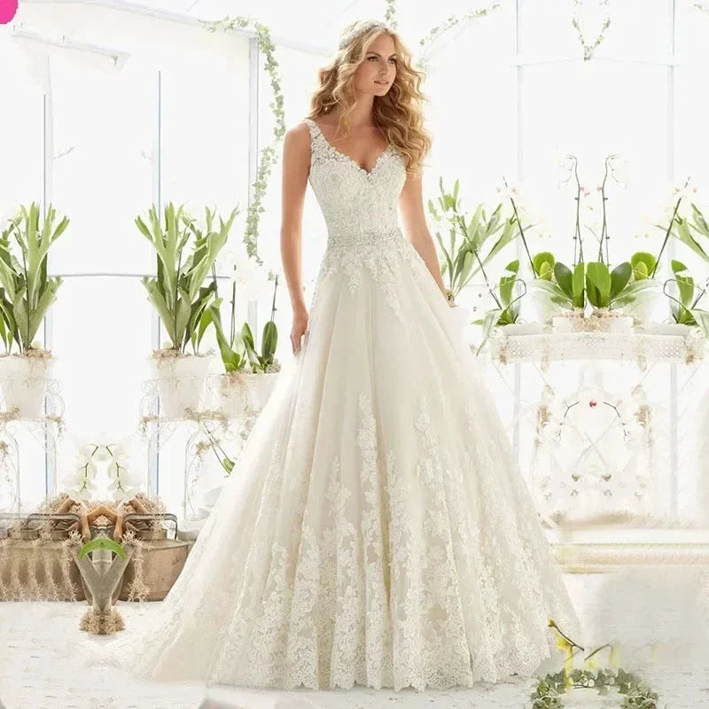 Sexy Lace Wedding Dresses Long Train Simple Bride Floor Length Long Sleeve Applique Lace up Open Back Wedding Dresses (ZD13291) - VelvetHem