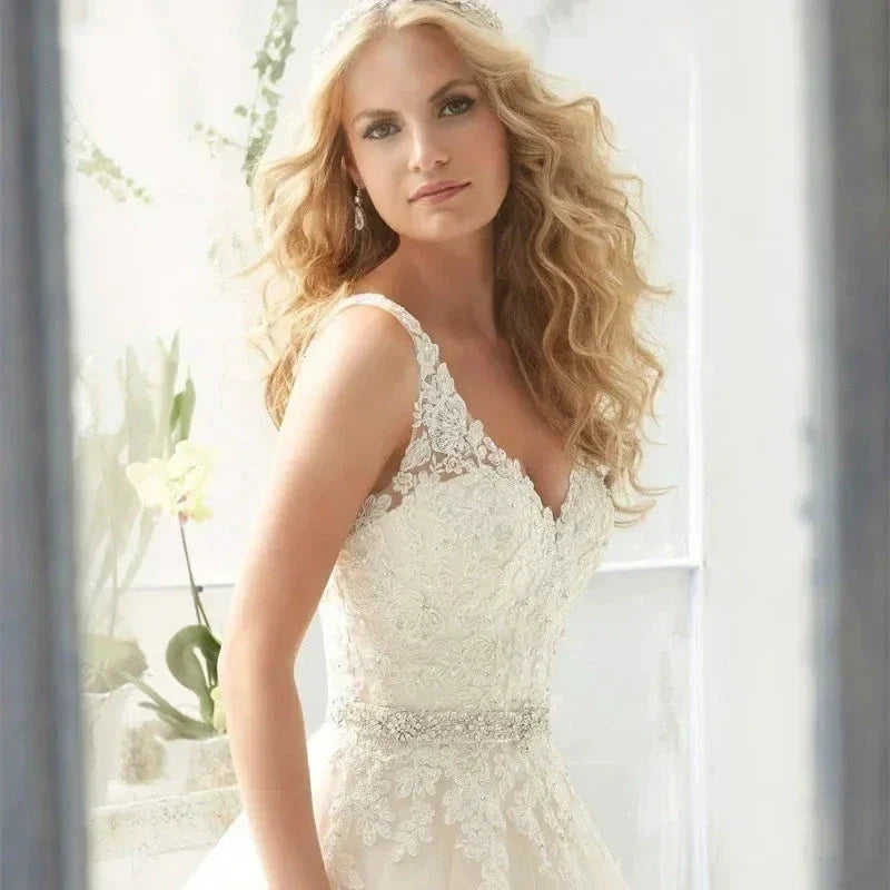 Sexy Lace Wedding Dresses Long Train Simple Bride Floor Length Long Sleeve Applique Lace up Open Back Wedding Dresses (ZD13291) - View 3 | VelvetHem