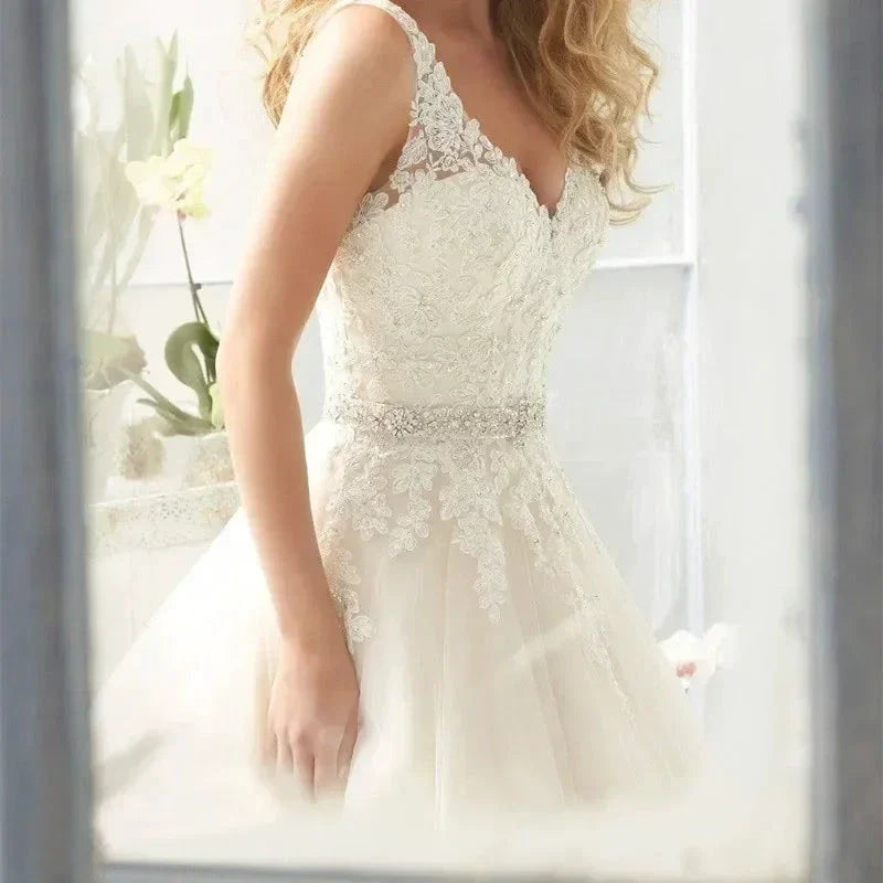 Sexy Lace Wedding Dresses Long Train Simple Bride Floor Length Long Sleeve Applique Lace up Open Back Wedding Dresses (ZD13291) - View 4 | VelvetHem