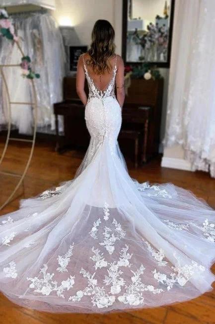 Sexy Long Mermaid V-neck Sleeveless Lace Wedding Dresses with Train (ZD15597)