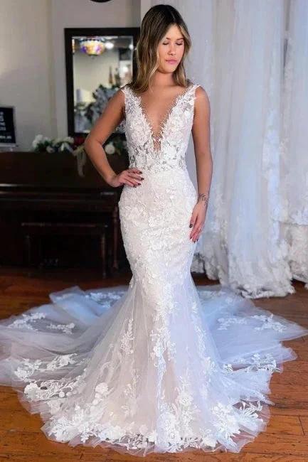 Sexy Long Mermaid V-neck Sleeveless Lace Wedding Dresses with Train (ZD15597)