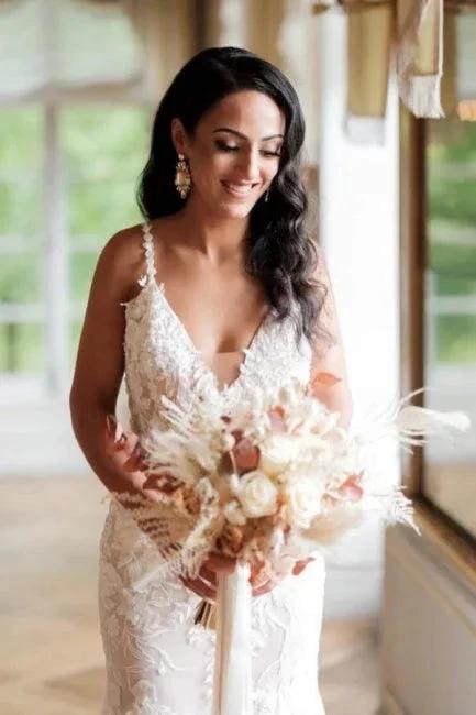 Sexy Long Mermaid V-neck Sleeveless Wedding dresses With Lace (ZD15613)