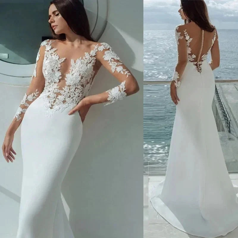 Sexy Long Sleeves Mermaid Wedding Dresses White Illusion Neck Lace Appliques 2023 Bridal Dress Gowns Beach Vestidos De Noiva (ZD13317)