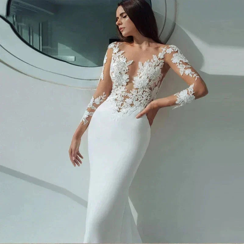 Sexy Long Sleeves Mermaid Wedding Dresses White Illusion Neck Lace Appliques 2023 Bridal Dress Gowns Beach Vestidos De Noiva (ZD13317)