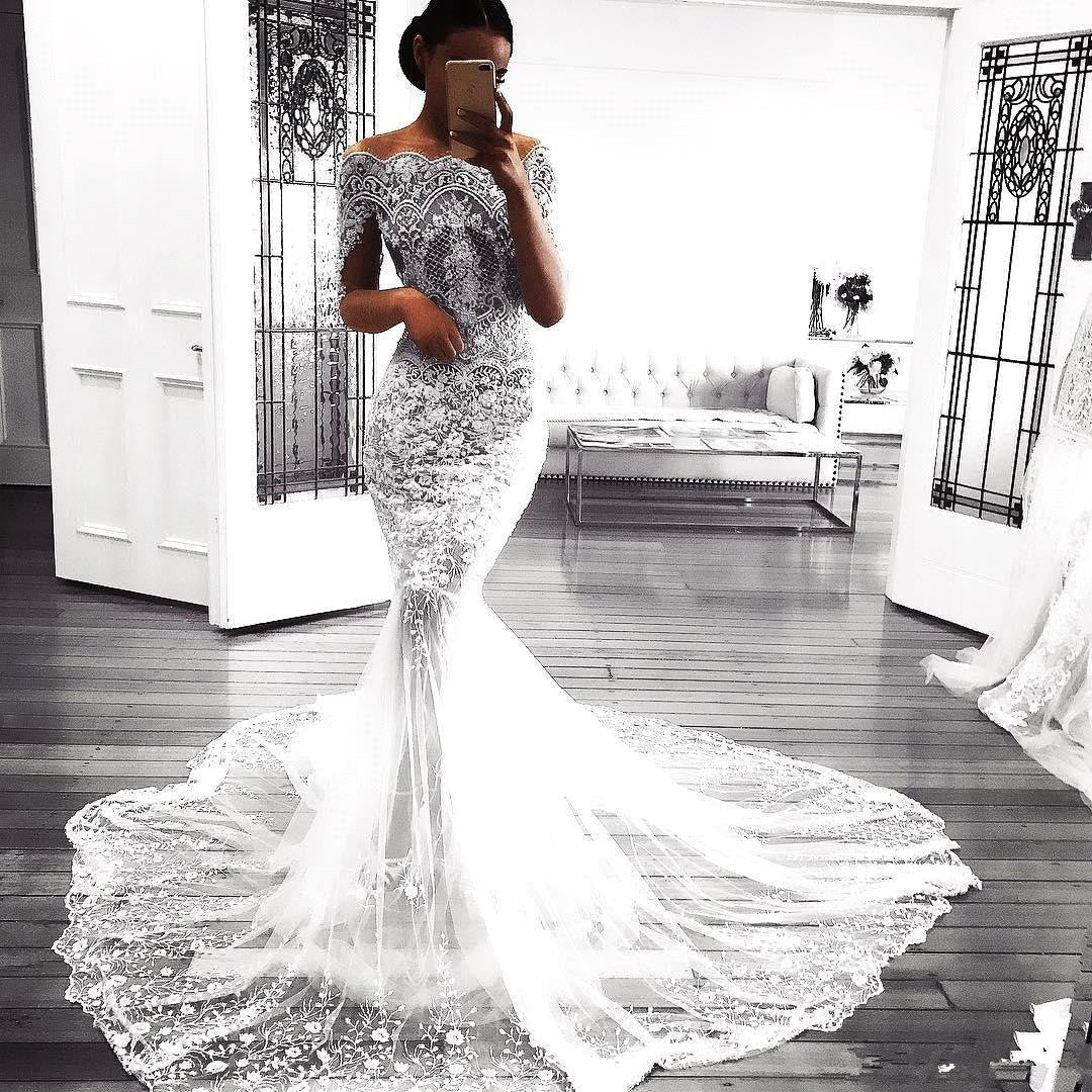 Sexy Mermaid Long Sleeve Lace Beach Wedding Dress Sexy | Flowers See Through Tulle Bride Dress