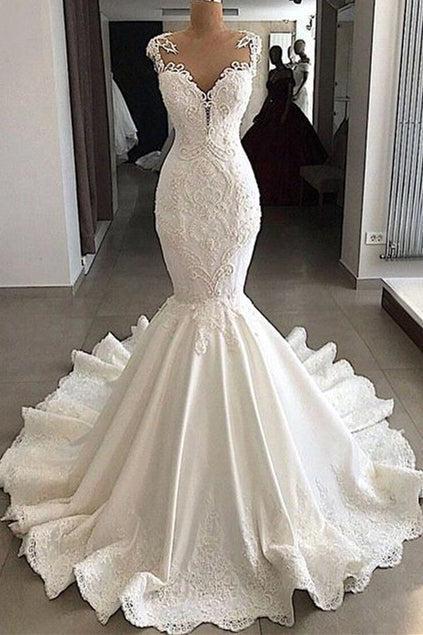 Sexy Mermaid Wedding Dress | Sleeveless Sheer Tulle Appliques Bridal Gowns