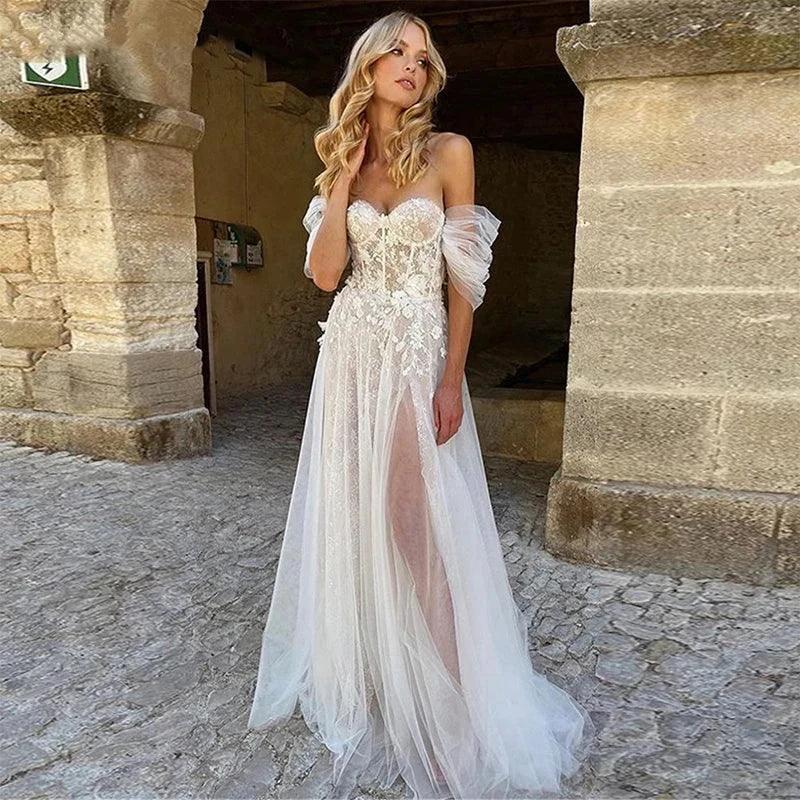 Sexy Off Shoulder Wedding Dresses Bohemian Tulle Elegant Women's Side Split A-line Lace Applique Beach Bridal Dress Sleeveless by payinti