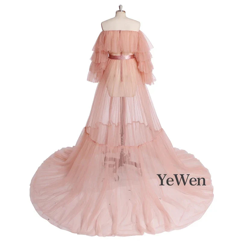 Sexy Pink Long Maternity Photography Props Dresses Tulle Perspective Pregnancy Mesh Maxi Gown For Pregnant Women Photo Shooting - View 4 | VelvetHem