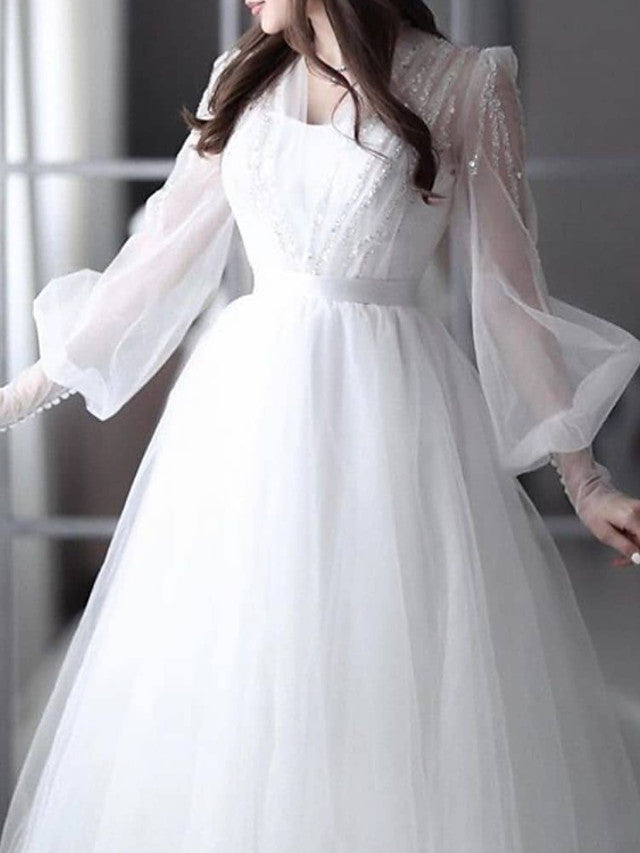 Sexy See-Through A-Line Beach Wedding Dress V-neck Lace Tulle 3/4 Sleeve Bridal Gowns Backless with Sweep Train