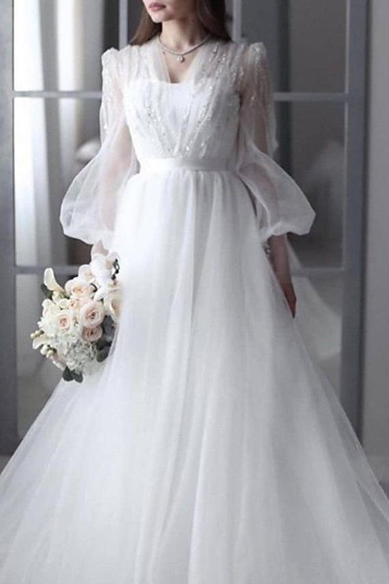 Sexy See-Through A-Line Beach Wedding Dress V-neck Lace Tulle 3/4 Sleeve Bridal Gowns Backless with Sweep Train